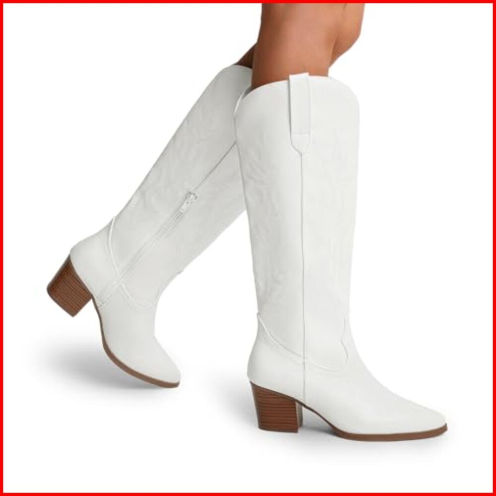Knee High Cowboy Boots Women's Pull On Zipper Chunky Heel Pointed Toe - Picture 6 of 7